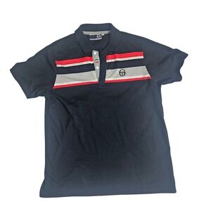 Sergio Tacchini Mens Polo Shirt Navy Blue Striped Short Sleeve Large Sportswear
